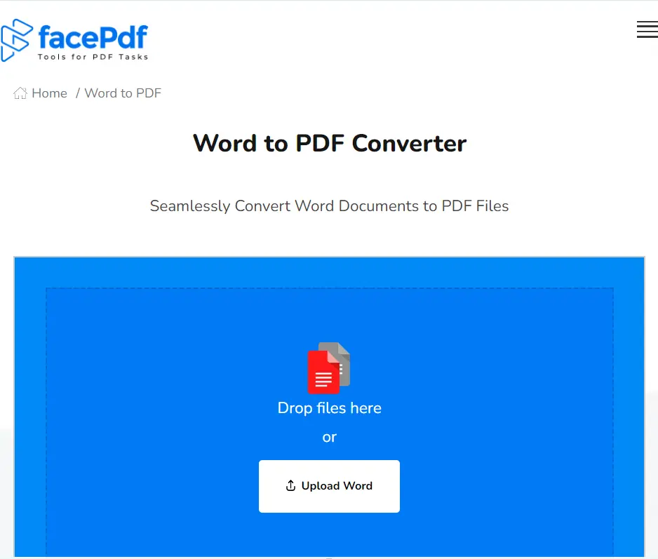 Screenshot of the Word to PDF tool in FacePdf