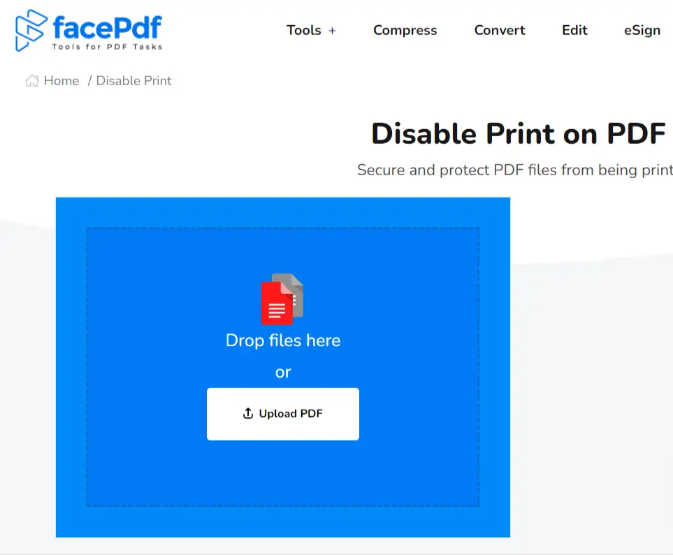 Screenshot of the Disable Print in PDF tool in FacePDF