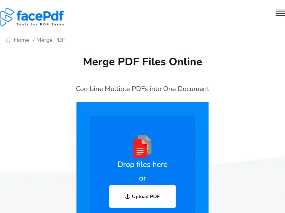 Screenshot of the Merge PDF tool in FacePdf