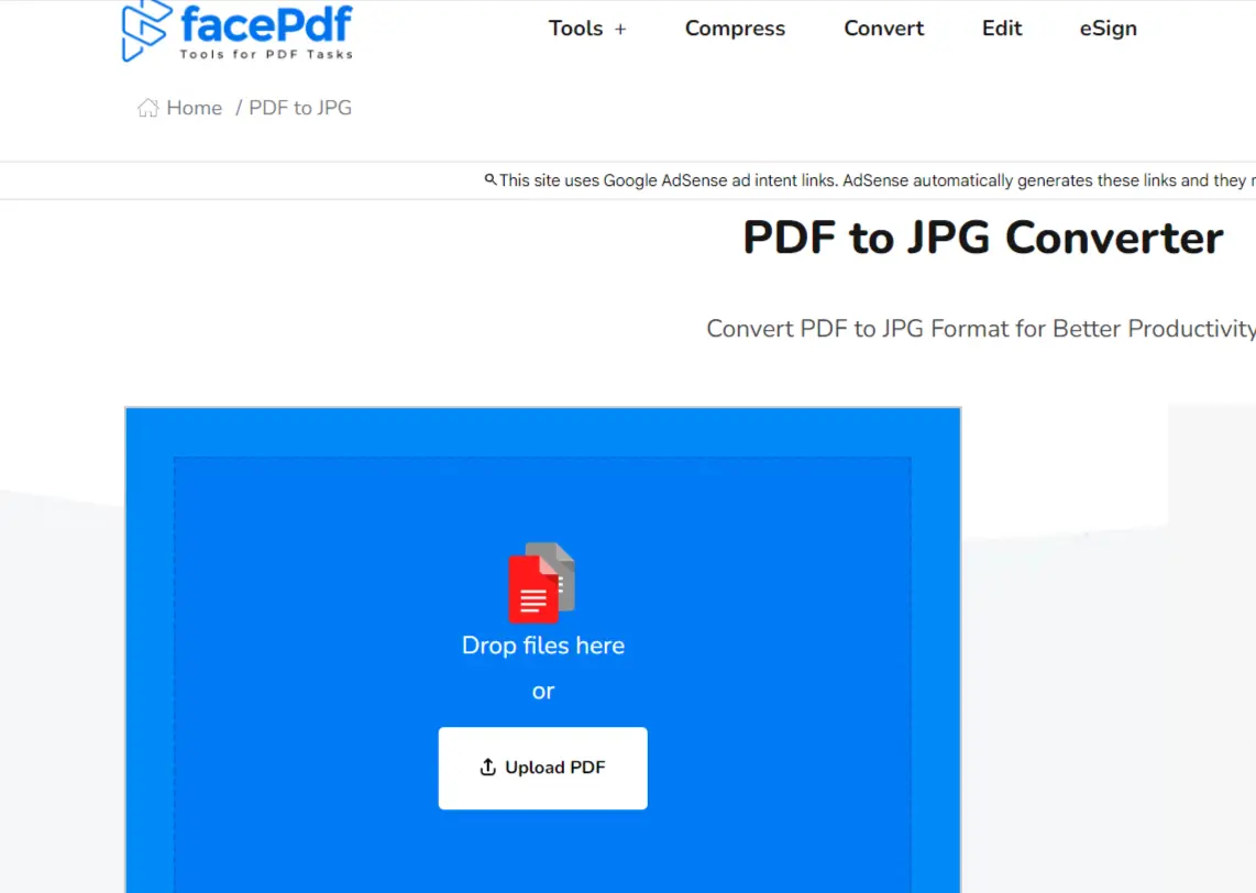 Screenshot of the convert PDF to JPG tool in FacePDF