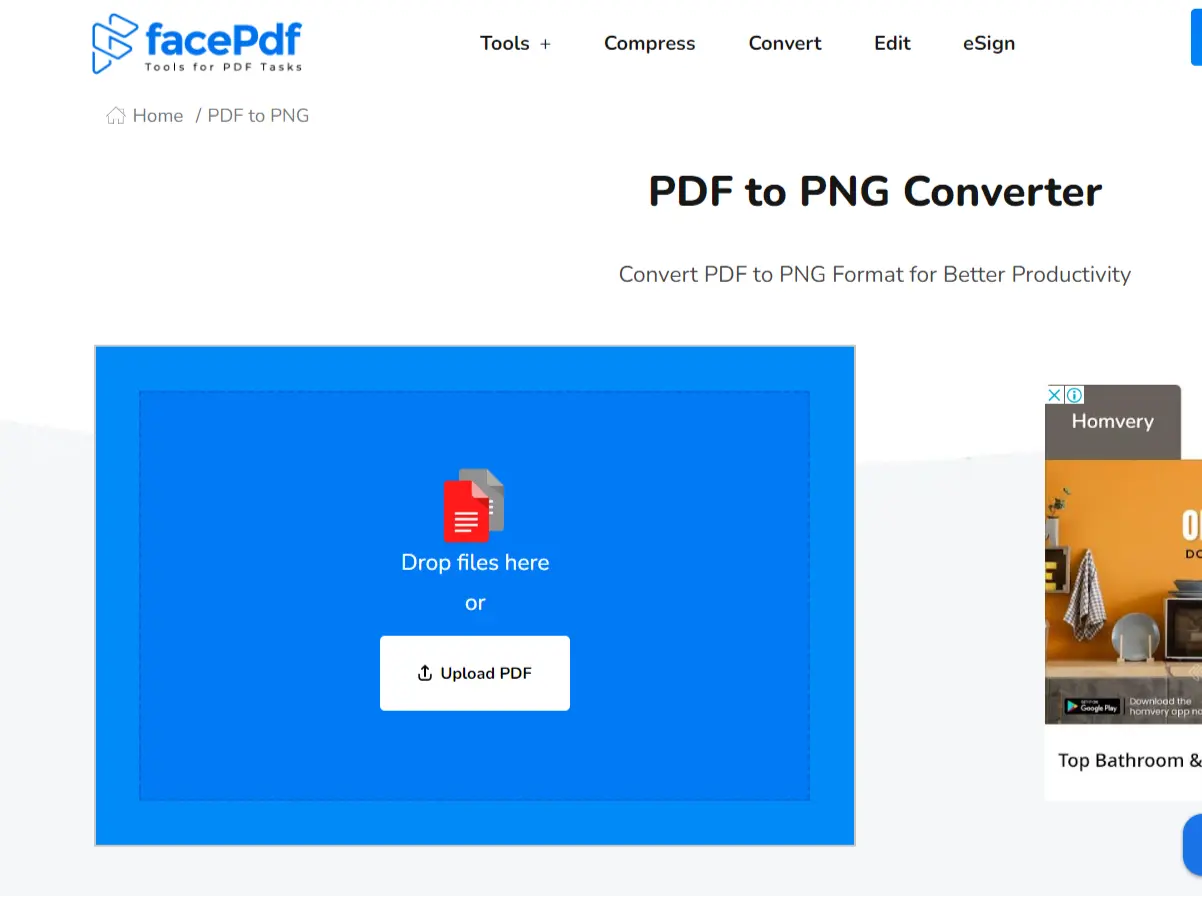 Screenshot of the convert PDF to PNG tool in FacePDF